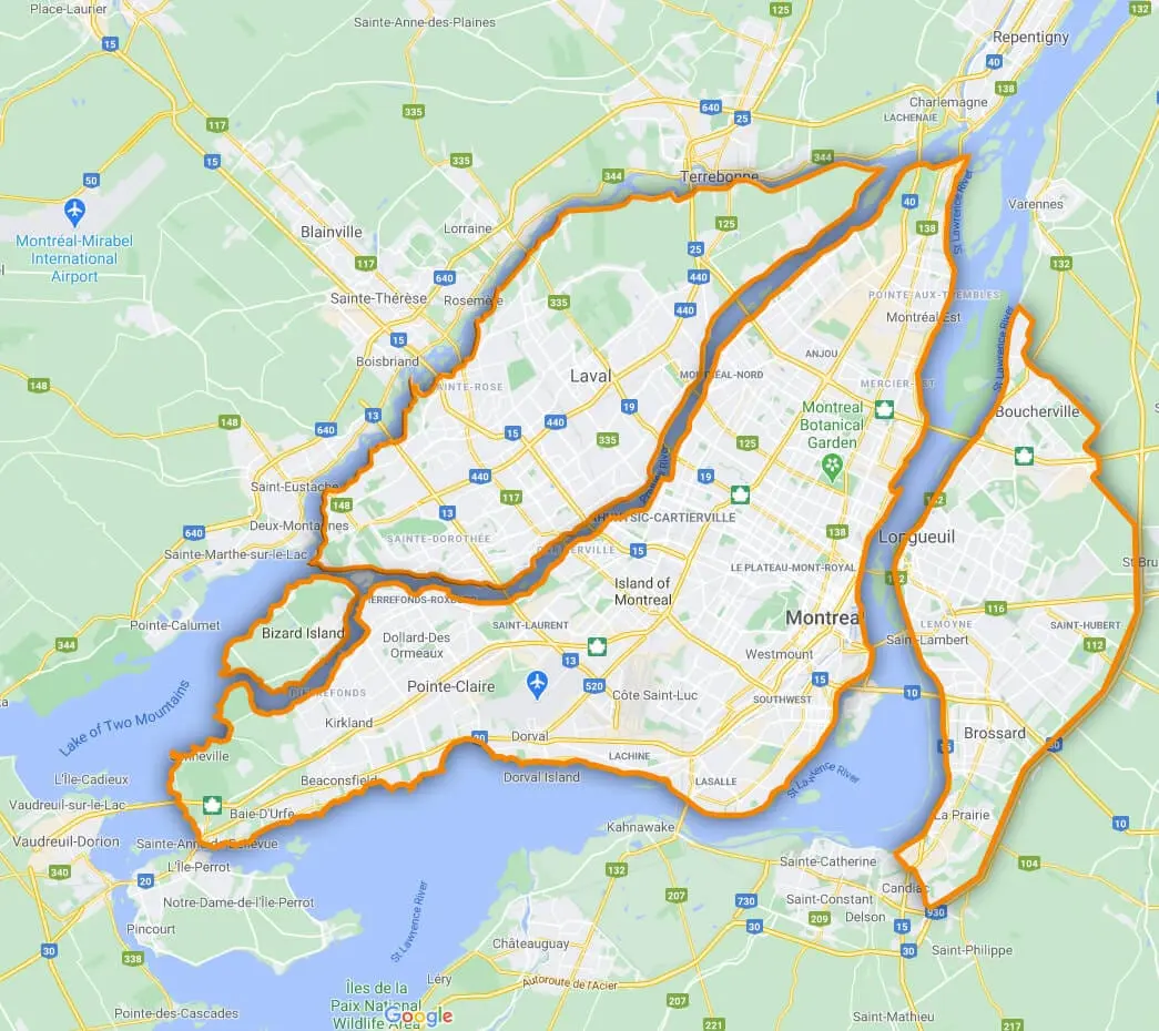 Map of Montreal and surrounding areas showing the Planchers Renaud service area.
